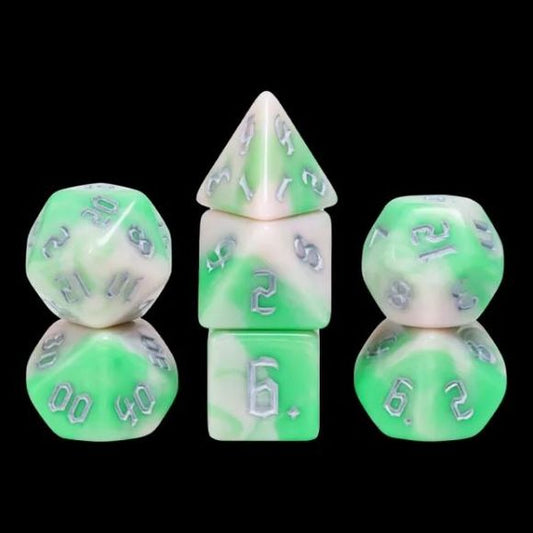 Galactic Dice Premium Dice Sets - Early Spring (Green, White, & Silver) Acrylic Set of 7 Dice | Galactic Toys & Collectibles