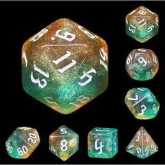 Galactic Dice Acrylic HD Dice Sets - Tranquil World (Blue, Orange, & White) Set of 7 Dice | Galactic Toys & Collectibles