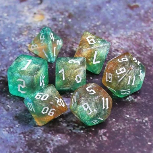 Galactic Dice Acrylic HD Dice Sets - Tranquil World (Blue, Orange, & White) Set of 7 Dice | Galactic Toys & Collectibles