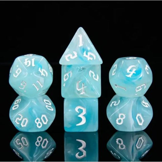 Galactic Dice Premium Dice Sets - White Cloud (Blue & White) Acrylic Set of 7 Dice | Galactic Toys & Collectibles