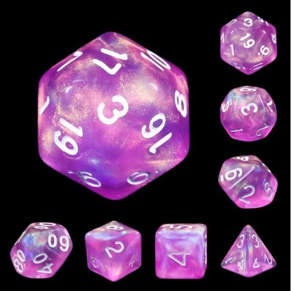 Galactic Dice Acrylic HD Dice Sets - Dream in Bloom (Pink, Purple, & White) Set of 7 Dice | Galactic Toys & Collectibles