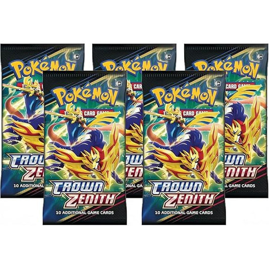 This listing contains 5 Crown Zenith Booster Packs. Elevate your collection today! Each booster pack contains 10 random cards, offering a wide array of strategic options for your battles. Whether you're a seasoned collector or new to the TCG world, these booster packs are designed to bring excitement and strategic depth to your Pokémon battles.