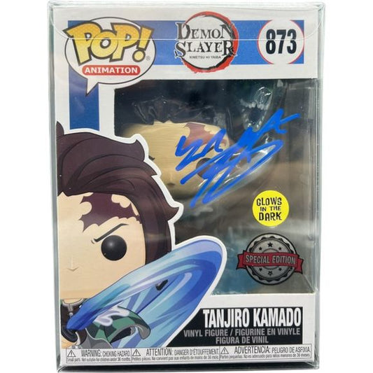 Special Edition Glow in the Dark Funko Pop! From Demon Slayer Tanjiro Water Dragon with pop protector!  Signed by Zach Aguilar and authenticated with JSA!  Includes a JSA Certificate!