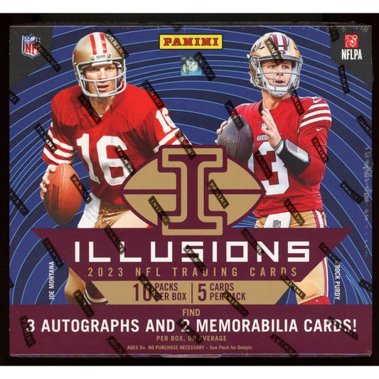 Configuration: 5 cards per pack. 10 packs per box. Look for 3 autographs, 2 memorabilia cards, 5 numbered trophy collection parallels, and 10 acetate or microetched inserts or parallels per box on average. 2023 Illusions Football aims to captivate collectors with a funky-fun mix of base and insert cards as well as a full arsenal of collection-making autograph and autograph memorabilia cards. Chase the unbridled excitement of the NFL with a 100-card base set, featuring the game’s top stars and rookies as wel