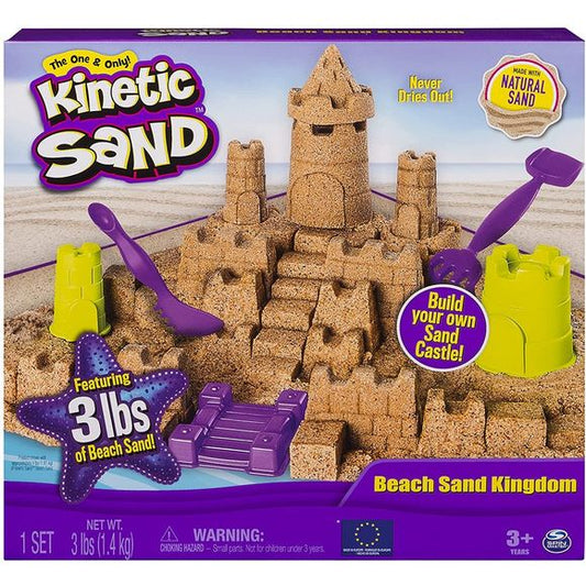 Kinetic Sand Beach Sand feels like wet beach sand that`s actually dry! It magically flows through your hands without sticking. It`s easy to shape and mold and cleans up easily! The Beach Sand Kingdom includes everything you need to create epic sandcastles anywhere! Use the 6 castle-themed molds to create walls, bridges, towers and more. The 2 multi-use tools can be used to cut, dig, rake and shovel. This fun Kinetic Sand set has 3lbs of Kinetic Beach Sand for kids to create sandcastles and the ultimate sand