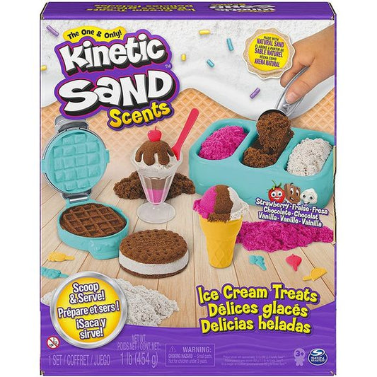 Create your own ice cream treats with 1lb of all-natural scented Kinetic Sand! This set includes Strawberry (pink), Chocolate (brown) and Vanilla (white) delightfully scented sand! Mix, mold and create your own ice cream sundaes, waffles, ice cream cookie sandwiches and ice cream cones! Kinetic Sand never dries out, so you can create again and again! The Ice Cream Treats Playset has everything you need to create your treats Ð a freezer-style tray, scoop, sundae cup, spoon, ice cream cone, waffle press and 6