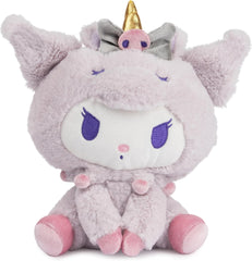 Hello Kitty and friends are here to bring a little magic to playtime! Kuromi looks less mischievous than usual as a soft, cuddly pastel purple unicorn with rainbow details. This 6-inch plush features Kuromi in a sitting pose, wearing her signature black outfit style with velvety-soft pink hooves that match her skull bow and the soft pink baubles on her iconic jester’s hat. Her eye-catching, shiny gold metallic horn and sleepy unicorn embroidered eye details make this plush a unique piece for collectors and