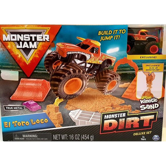 Monster Jam Monster Dirt Deluxe Set! From the makers of Kinetic Sand comes all-new, Monster Dirt - engineered dirt that looks and feels like real dirt in the Monster Jam arena! This gritty set gives your little one a whole new way to play with all their favourite Monster Jam trucks! Use the included molds to build real ramps out of Monster Dirt and demolish them in one monstrous, high-flying stunt! Once you perfect the landing, do it again! Set the stage using the launch-ramp mold, shipping container mold,