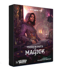 In Merchants of Magick, which takes place in the "Set a Watch" universe, you are the owner of a magic item shoppe, crafting items and research­ing spells to sell to the Adventurers of the Watch.

Each round, four polyhedral dice are rolled, then you select two of them to craft items or research enchantments for your shoppe. As you craft items and research spells, you start stocking items and earn potions that let you manipulate the dice. Adventurers travel from shoppe to shoppe, so you need to stock the exa