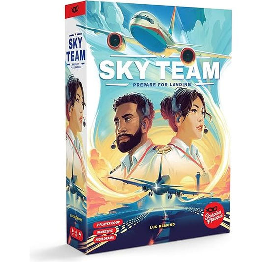 Sky Team is a co-operative limited-communication game, exclusively for two players, in which you play a pilot and co-pilot at the controls of an airliner. Your goal is to work together as a team to land your airplane in different airports around the world. To land your plane, you need to silently assign your dice to the correct spaces in your cockpit to balance the axis of your plane, control its speed, deploy the flaps, extend the landing gear, contact the control tower to clear your path, and even have a