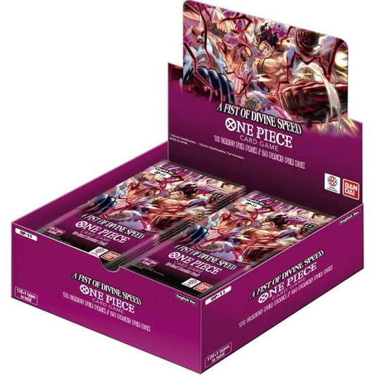 Release Date: 06/06/2025
This listing is for a One Piece TCG - A Fist of Divine Speed (OP-11) Booster Box.

This set features many characters from the Whole Cake Island Arc, such as the Big Mom Pirates and the Vinsmoke Family. Leaders such as Katakuri and Nami return to the field with new strategies, allowing players to enjoy different playstyles! Players can use the new cards to strengthen a wide variety of existing decks. What`s more, decks built around the new cards are powerful enough to give newcomers