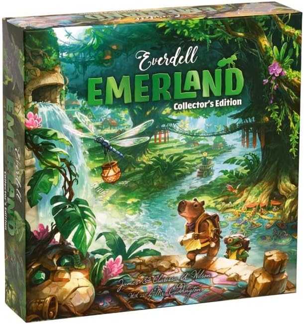 The pounding of drums, the melody of harps, the mysterious song of the Ancients— this is the tropical realm of Emerland, the wild and beautiful jungle land to the west of Everdell Valley. With the guidance of clever and fastidious tiny helpers, you will send your workers into the wild to harvest the plentiful resources, mine precious gems, trade goods at the River Market, explore uncharted realms, and build and upgrade your very own thriving city. The hidden secrets of a long lost civilization are also wait