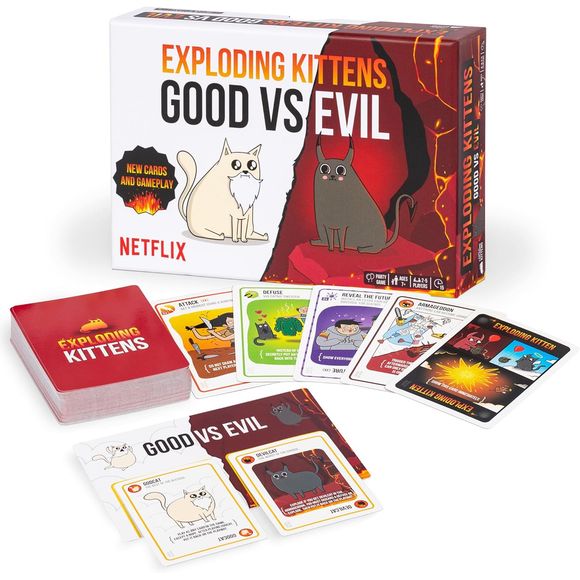 This is the most high-stakes version of Exploding Kittens! New rules. New Kittens. New mayhem. This version of Exploding Kittens features new cards and gameplay based on the Netflix animated series Exploding Kittens. It's still the highly-strategic, kitty powered version of Russian Roulette you know and love with new Armageddon Cards, which set up an epic battle of Good vs. Evil. Outsmart your opponent. Try not to explode. The last player left alive wins.