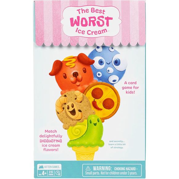 Dive into the fun with Best Worst Ice Cream! Match funky flavors and build the wildest Ice Cream Cone using 60 cards and 5 figures. The player with the kookiest cone wins. Easy to learn and fast to play!