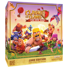 Inspired by the hit mobile game Clash of Clans, the board game Clash of Clans: The Epic Raid allows players to build defenses, deploy units, and raid friends' bases in a fast-paced, highly strategic battle that brings the thrill of the mobile game to the tabletop. Build up your village, unleash your troops, and smash your rivals in a race for dominance! No base is safe. No clan goes unchallenged. Let the raids begin! Raiding is the goal of this combat, engine-building game. Send your armies, roll the dice,
