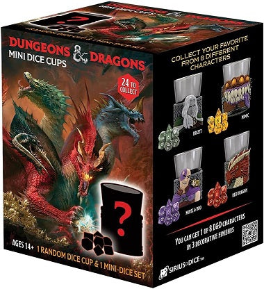 Introducing the D&D Mini-Dice Cup - Blind Box, launching this Fall! Each box includes a shot glass-style dice cup featuring one of eight sculpted iconic D&D characters and a mini 7-piece polyhedral dice set. With 24 different dice sets to collect, including acrylic and sharp-edged resin, fortify your epic D&D campaigns and unbox every one. Discover three tiers - Common, Rare, and Legendary - with the most coveted of glasses featuring a metal sculpt. Packaged in colorful tuck boxes, they make perfect gifts f