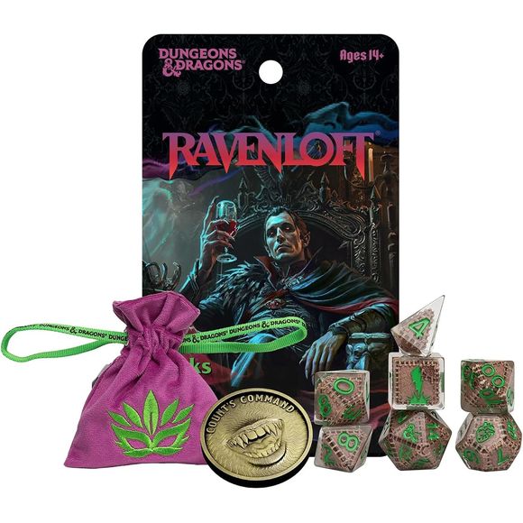 Enter the mists with the Dungeons & Dragons Mists of Ravenloft Treasure Packs! Inspired by the furthest reaches of the Shadowfell, these loot bags are packed with mysteries straight from the Domains of Dread: new dice sets, metal coins, and embroidered dice bags in every pack. Discover why Treasure Packs are one of the most popular ways to collect D&D dice! The Mists of Ravenloft edition includes a full polyhedral dice set, a matching embroidered dice bag, and a collectible metal ability coin—each piece a d