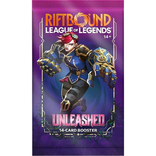 Unleashed captures the heart of League of Legends — the build-up, the anticipation, and the thrill of letting everything go in one defining moment. These 14-card booster packs pull from over 220 cards and 30+ alt-arts, expanding Riftbound with new Legends, bold mechanics, and powerful plays that reward those who bide their time… then strike when it matters most. The Rift awaits – are you ready?

Each booster pack contains 14 cards.