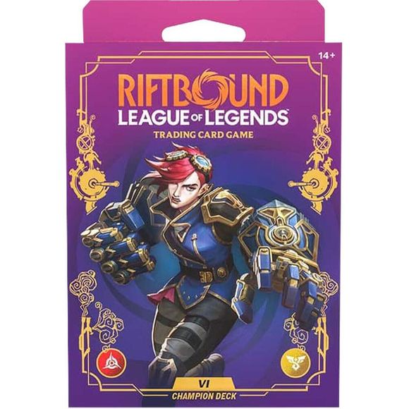 Let's get to the fun part! Vi has one goal in her Champion Deck: Punch. Really. Hard. This preconstructed 56-card deck shines by buffing units and slamming them around the battlefields, exactly how Vi likes to do business. Whether you're a new player ready to jump in or a proficient player looking for a fresh deck, Vi is ready to overcome any odds straight out of the box. Includes 1 Riftbound: Unleashed booster!
