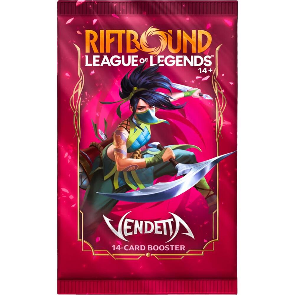 Vendetta, the fourth set of Riftbound: League of Legends TCG, brings even more Champions to the battlefield! These 14-card booster packs pull from a pool of over 160 cards, with more than 50 Showcase cards! This set adds a new edge to Riftbound with new Legends, powerful cards, new mechanics, and for the first time, new domain combinations!

Each booster pack contains 14 cards.