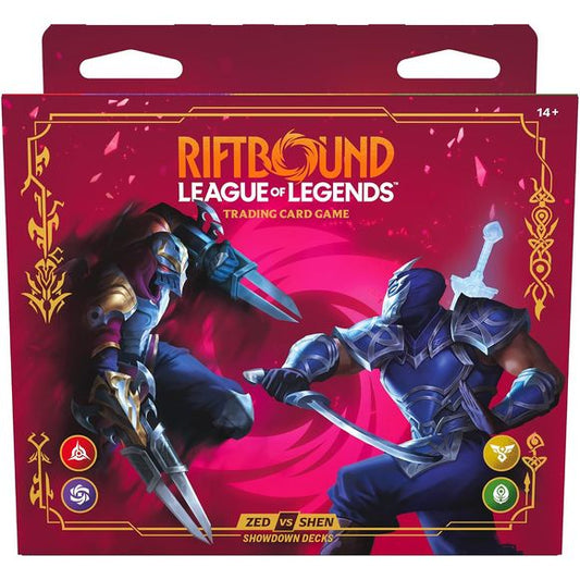 Shen or Zed: Whose blade is deadliest? Raised as brothers in the Kinkou Order and driven apart by betrayal, Shen leads their old school while Zed is their greatest opponent. They both dedicate their lives to the blade, but their playstyles are worlds apart. Includes 2 Riftbound: Vendetta boosters!

Ready to Play – 2 full 56-card preconstructed decks featuring Zed and Shen.
Extras to Keep You in the Action – Includes 2 full-size paper playmats and 2 booster packs for customization.
Booklet Included – Learn t