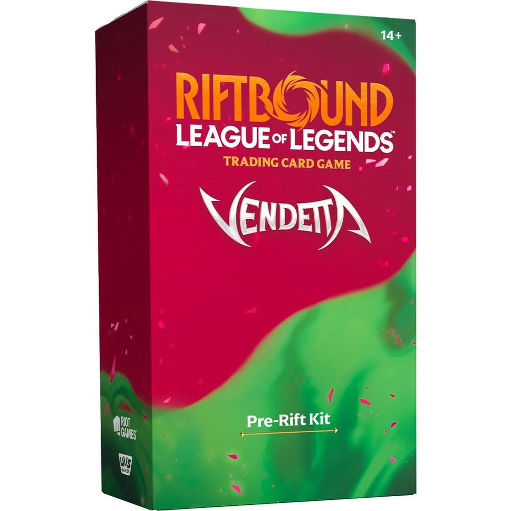 Each player Pre-Rift Kit contains a mini-preconstructed deck (6 varieties), containing a Champion Legend, Champion Unit, and all the runes that Champion needs to operate. Each of the Pre-Rift Kits also includes five Vendetta boosters so players can crack packs and build decks structured around their precon Champion.

Each Individual kit contains: • Contains 1 of 6 varieties of Preconstructed Deck
• Five Vendetta Boosters
• 1 Pre-Rift promo card