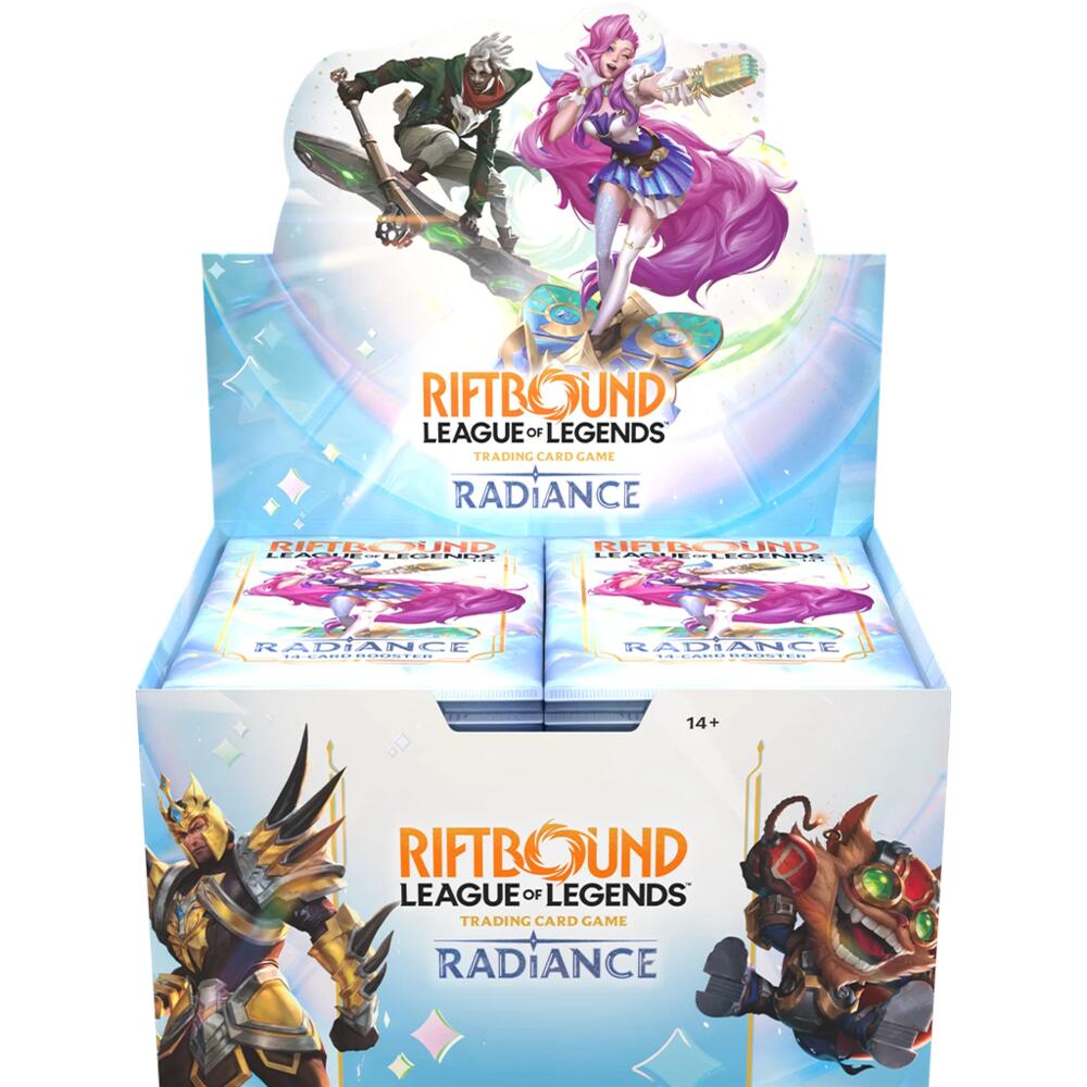 Release date is 10/23/2026.

Radiance is taking the stage! The fifth set for Riftbound: League of Legends TCG is putting even more champions in the spotlight! These 14-card booster packs pull from a pool of 180 cards with more than 60 Showcase cards, including all new legends, units, spells, new mechanics, and more.
• Champion Your Strategy — Build your deck from premium packs filled with 7 Commons, 3 Uncommons, 2 foil Rares or better, 1 foil of any rarity, and 1 token slot.
• More Champions – Radiance intr