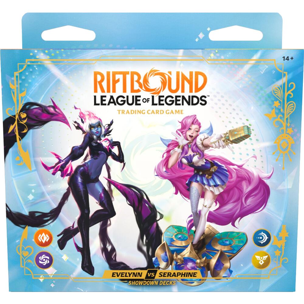Evelynn & Seraphine: Who’s topping the charts and who’s facing the music? Find out with these Showdown Decks.
Jump into play with two 56-card preconstructed decks, two paper playmats, two booster packs, and a rulebook. Expand your collection or play with a friend! Either way, these Showdown Decks strike the perfect chord.
Includes 2 Riftbound: Radiance boosters!
• Who's Topping the Charts and Who's Facing the Music? — Find out with these Showdown Decks. If you’re looking to have two decks ready to go out of