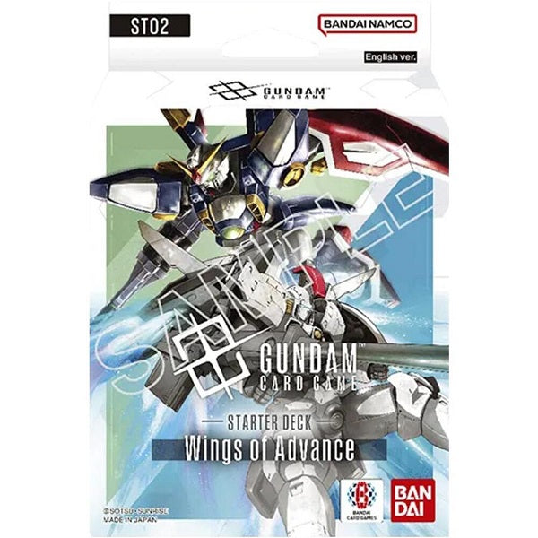 Starter Deck:
Wings of Advance [ST02]
Shooting stars race across the battlefield.
New Wings take flight.
Wings of Advance [ST02] A ramping Green and Blue deck with Gundam Wing cards. Featuring Heero Yuy/Gundam Wing and Zechs Merquise/Tallgeese.
Each deck contains 1 Bonus Pack with 1 of 16 cards from that deck in a special full-art holographic treatment. Some decks can be found with all cards in this treatment!
Contents
• x1 Ready-to-play 50-card deck
• x10 Resource Cards
• x8 Token Cards (incl. x3 Unit Toke