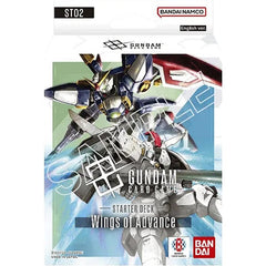 Starter Deck:
Wings of Advance [ST02]
Shooting stars race across the battlefield.
New Wings take flight.
Wings of Advance [ST02] A ramping Green and Blue deck with Gundam Wing cards. Featuring Heero Yuy/Gundam Wing and Zechs Merquise/Tallgeese.
Each deck contains 1 Bonus Pack with 1 of 16 cards from that deck in a special full-art holographic treatment. Some decks can be found with all cards in this treatment!
Contents
• x1 Ready-to-play 50-card deck
• x10 Resource Cards
• x8 Token Cards (incl. x3 Unit Toke