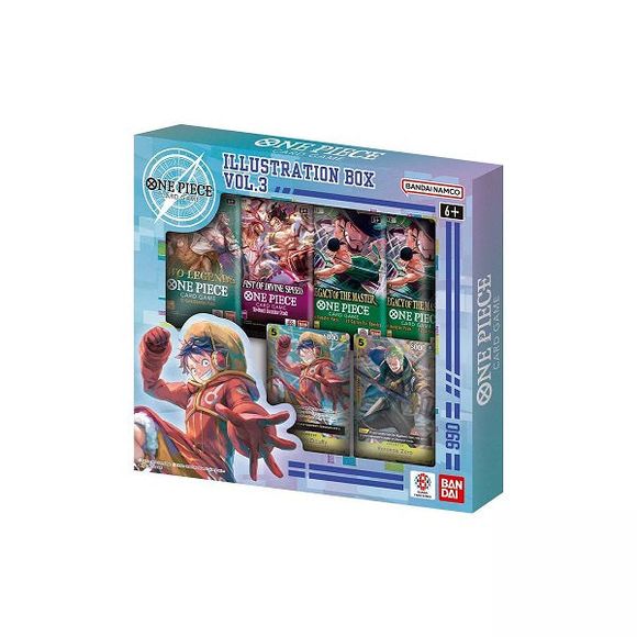 One Piece presents the Trading Card Illustration Box Volume 3! It's a product containing new illustration promo cards and booster packs! Each box contains 1 OP-08 Booster Pack, 1 OP-11 Booster Pack, and 2 OP-12 Booster Packs.