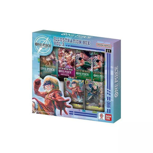One Piece presents the Trading Card Illustration Box Volume 3! It's a product containing new illustration promo cards and booster packs! Each box contains 1 OP-08 Booster Pack, 1 OP-11 Booster Pack, and 2 OP-12 Booster Packs.