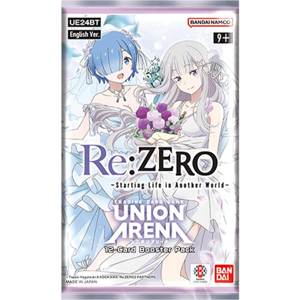 Re:ZERO -Starting Life in Another World enters the battlefield of UNION ARENA!
The smash-hit TV anime Re:ZERO -Starting Life in Another World- joins UNION ARENA in grand style! Features many of the anime’s popular characters!

Features exclusive, entirely original artwork only available in UNION ARENA!
Features brand-new, specially commissioned illustrations of Emilia and Rem wearing original-design wedding dresses!

• 12 cards per pack
