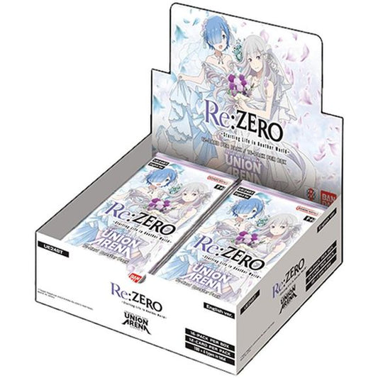-The smash-hit TV anime Re:ZERO−Starting Life in Another World− joins UNION ARENA in grand style!

-Many alt-art cards feature brand-new illustrations by multiple illustrators!

-Many decks are appearing, starting with the [BLUE] Subaru & Rem and [YELLOW] Rem & Ram, which are hugely popular in Japan’s competitive scene!

-SR★★ and SR★★★ cards will feature the signature of the Japanese voice actor printed on them!

-A limited number of hand-signed Action Point Cards are being made for inclusion in the booste