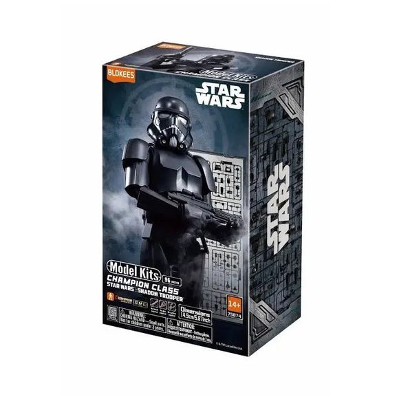 <p>Join the elite forces of the Galactic Empire with the <strong>Blokees Star Wars Champion Class Shadow Trooper Model Kit</strong>. This limited-edition collectible brings the Empire's specialized stealth soldier to life with distinctive black armor, detailed sculpting, and impressive articulation. Featuring 98 snap-fit pieces, this model assembles without glue or paint and includes a blaster rifle and display base for dynamic battle-ready poses. Standing approximately 5.87 inches tall when assembled, the