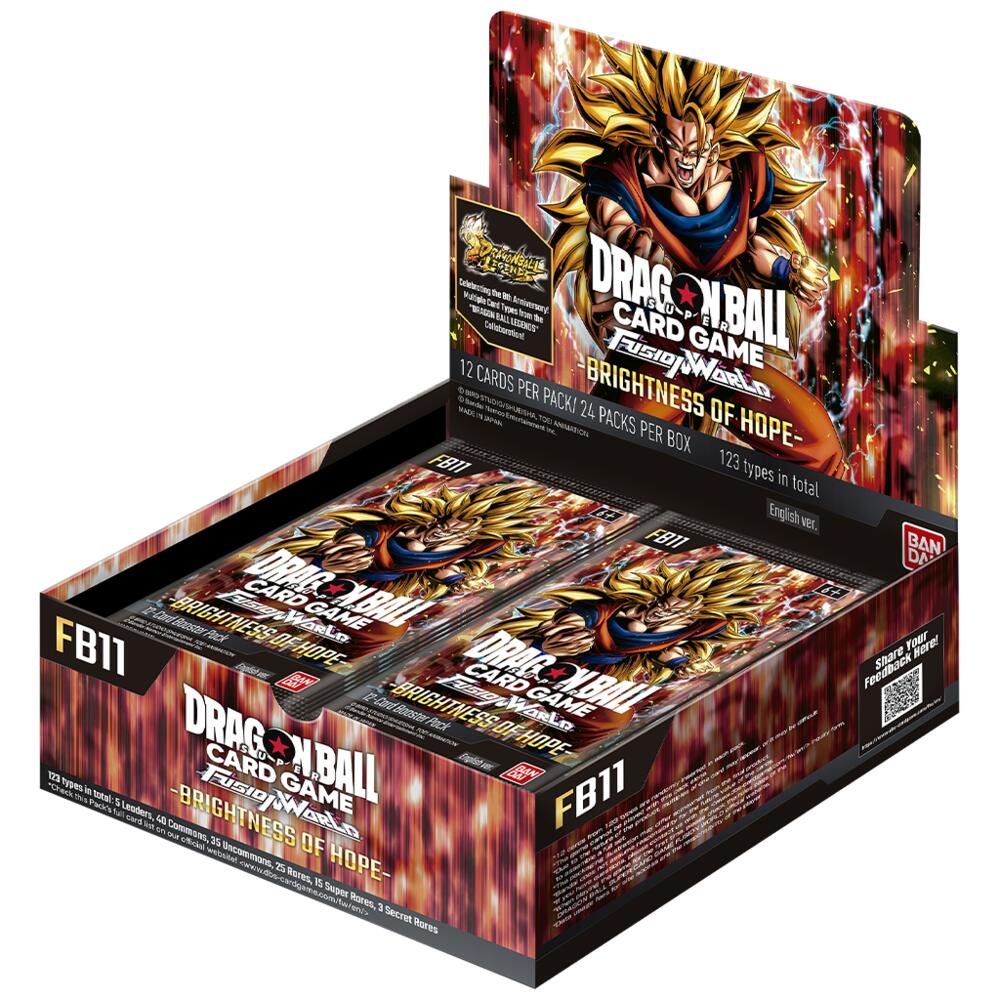 Each Dragon Ball Super Fusion World Sealed Booster Box contains:
• 24 booster packs
• 12 random cards per pack
• 1 Promotion code for the digital version per pack
