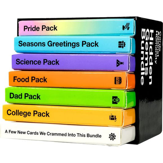 The Hidden Gems Bundle comes with six different themed packs you forgot to buy when they came out plus ten all-new cards we wrote at the last possible second before we sent the product to print.