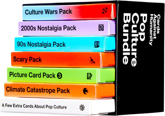 The Pop Culture Bundle comes with six different themed packs vaguely related to pop culture that you forgot to buy when they came out, plus ten all-new cards we desperately crammed in at the last second.