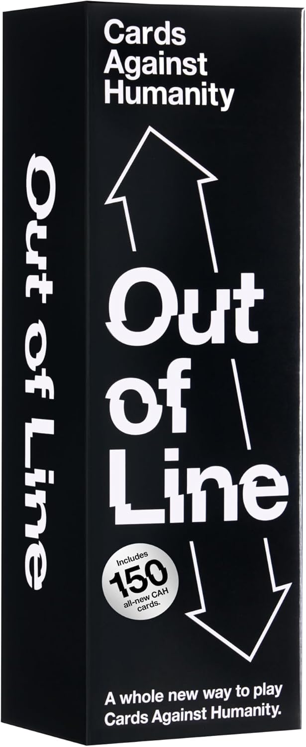 Out of Line is a whole new way to play Cards Against Humanity. It's a fresh game to play with all of your old cards, plus 150 totally new ones!

Each player selects one Line card and places it face up on the table. Each Line is a spectrum between two extremes, like "Smells Bad" to "Smells Good." Players take turns placing their Cards Against Humanity white cards on each Line, and then try to guess the correct order that they belong. Can you and your friends work together to keep everything in line?