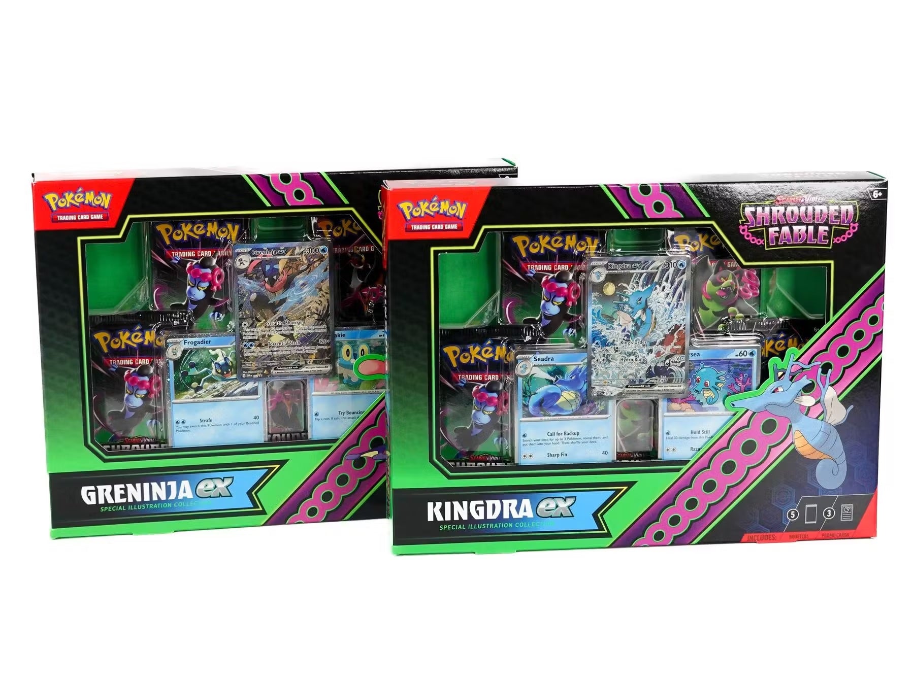 Depending on which The Pokémon TCG: Scarlet & Violet—Shrouded Fable Special Illustration Collection you receive you will get a full-art foil promo card featuring Kingdra ex or Greninja ex and 2 foil cards featuring either Horsea and Seadra, or Froakie and Frogadier.

This also comes with 5 Pokémon TCG: Scarlet & Violet—Shrouded Fable booster packs.