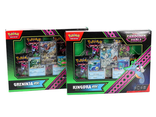 Depending on which The Pokémon TCG: Scarlet & Violet—Shrouded Fable Special Illustration Collection you receive you will get a full-art foil promo card featuring Kingdra ex or Greninja ex and 2 foil cards featuring either Horsea and Seadra, or Froakie and Frogadier.

This also comes with 5 Pokémon TCG: Scarlet & Violet—Shrouded Fable booster packs.
