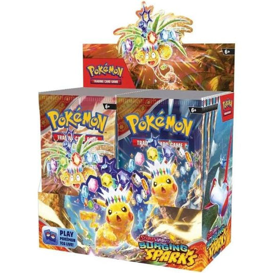 Release Date: 11/08/2024
A Growing Storm of Stellar Strength! Terawatts of electricity crash down from the sky in a tropical paradise, setting the stage for the supercharged Pikachu ex! With the power of a Stellar Tera Pokemon ex, it lights up the shoreline, revealing a parade of dragon Pokemon led by the towering Alolan Exeggutor ex! Archaludon ex and Latias ex round out the horde, while new ACE SPEC cards and more new Pokemon ex bring surprises of their own. Currents crackle and dragons roar in the Pokemo