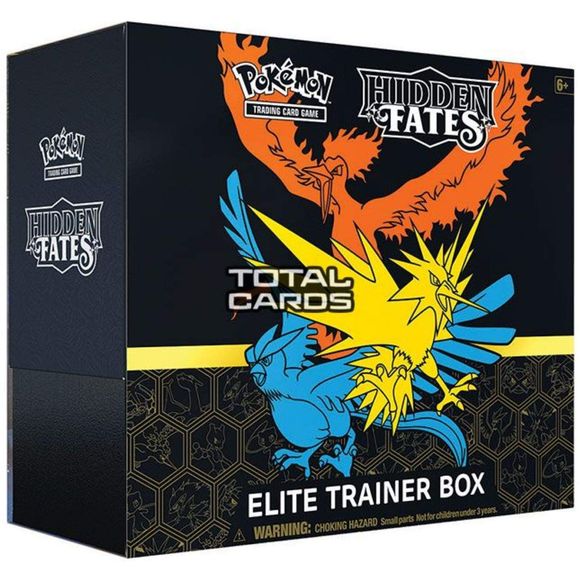A wild set loaded with all-time favorites, The Pokémon TCG: hidden fatesexpansion is a collector's dream and a player's Paradise! The Pokémon TCG: hidden fates elite trainer box contains everything you need to get started collecting this unique new expansion. In addition to ten hidden fates booster packs, you can soar to new heights with a full-art foil promo card featuring the first tag team trio, moltres & zapdos & articuno-gx! The box also includes card sleeves featuring this legendary trio that will kee