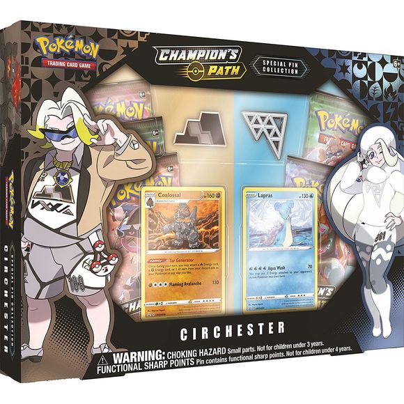 You will receive one TCG: Champion’s Path Circhester Special Pin Collection that contains foil cards of Coalossal and Lapras.