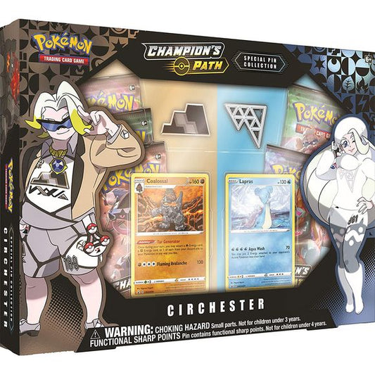You will receive one TCG: Champion’s Path Circhester Special Pin Collection that contains foil cards of Coalossal and Lapras.