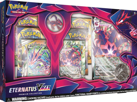 Stories say the Legendary Pokémon Eternatus is the power behind the Dynamax phenomenon in the Galar region—and now all that power is contained in one place! This premium collection brings you both Eternatus V and Eternatus VMAX as playable foil cards—along with an oversize card that shows off this Legendary Pokémon in its unique Eternamax form. There's also an awesome collector's pin, a cool metallic Pokémon coin, and a handful of Pokémon TCG booster packs to expand your collection.