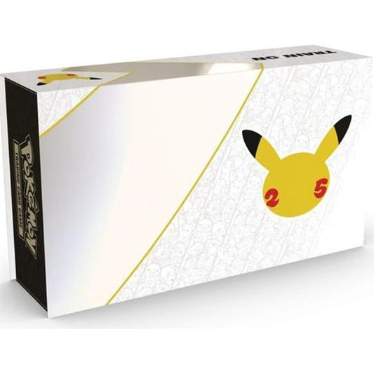 The Pokémon TCG: Celebrations Ultra-Premium Collection includes:

2 commemorative metal cards featuring Base Set Pikachu and Base Set Charizard

1 special gold version of Pikachu V

1 special gold version of Poké Ball

A stunning Charizard and Pikachu enamel pin

1 metal Pokémon coin

17 Pokémon TCG: Celebrations 4-card booster packs

8 additional Pokémon TCG booster packs

A player's guide to game mechanics through the history of the Pokémon TCG

3 storage boxes to keep everything togethe