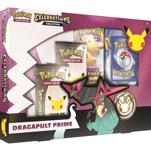 The Pokémon TCG: Celebrations Collection—Dragapult Prime includes:

1 foil promo card featuring Dragapult Prime

1 foil oversize card featuring Dragapult Prime

2 Pokémon TCG: Celebrations 4-card booster packs

1 additional Pokémon TCG booster pack

A 4-pocket binder to hold your cards

1 coin featuring the Pokémon 25 logo

1 information sheet

A code card for the Pokémon Trading Card Game Online