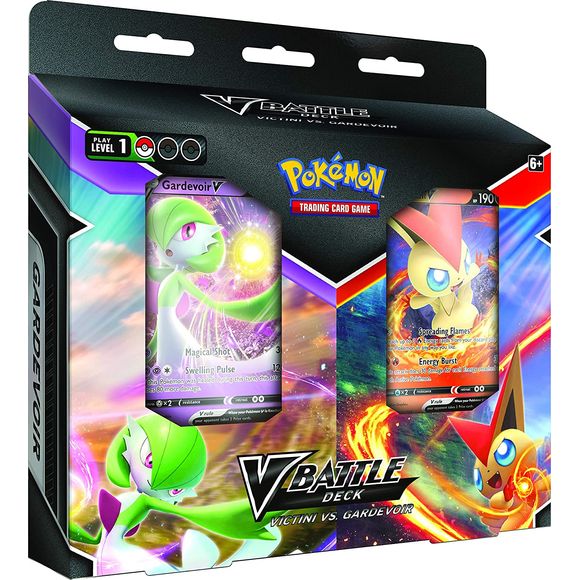 The Pokémon TCG: V Battle Deck—Victini vs. Gardevoir includes 2 ready-to-play V Battle Decks (60 cards each) and each deck includes a powerful special Pokémon: Victini V or Gardevoir V.