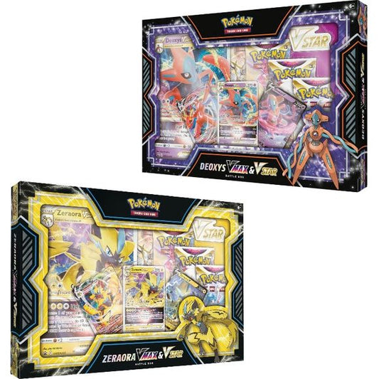 You will receive, at random, one Pokémon TCG: VMAX & VSTAR Battle Box featuring either Deoxys or Zeraora
This also comes with 4 Pokémon TCG booster packs, 1 acrylic VSTAR marker, and a strategy guide to using these cards to upgrade your deck.